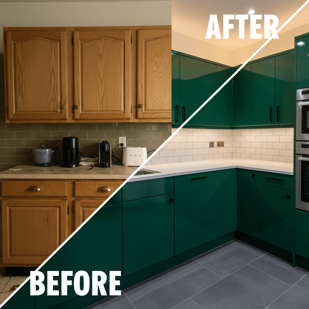Kitchen before and after transformation with premium vinyl wrapping