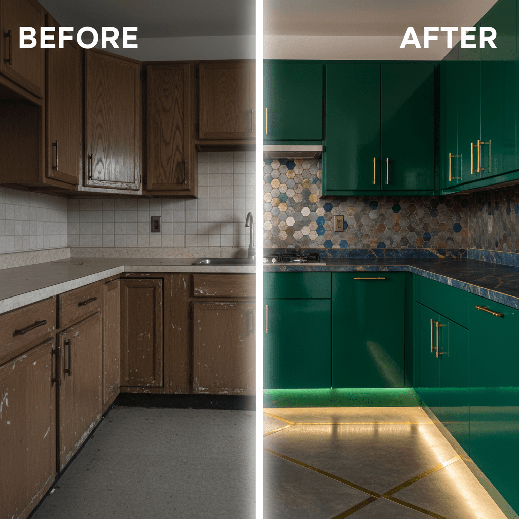 Kitchen Colours before and after vinyl wrap transformation